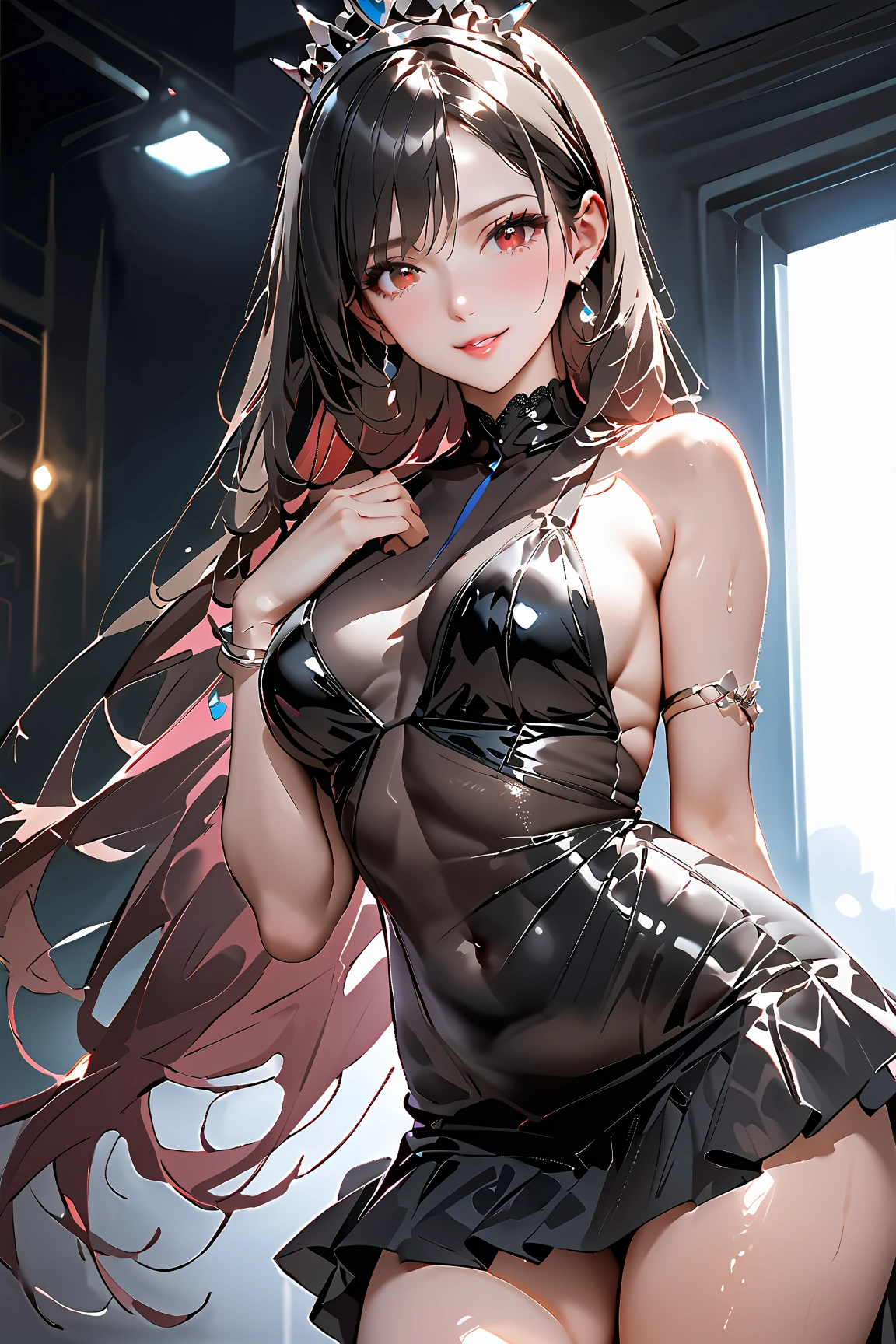 masterpiece, (((girl wearing a very revealing deep plunge dress, standing))), medium breasts, ((long legs)), lewd, provocative expression, (sexy pose), smooth and shiny skin, (dramatic lighting), BREAK, UHD, high detail, high quality, dynamic angles, captivating beauty, long hair, alluring pose, high-resolution detail, radiant smile,