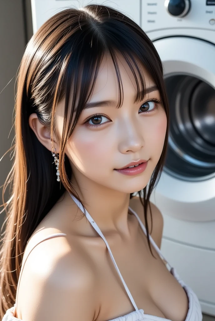 You are a professional gravure photographer.、(((One person,alone))),(Highly realistic photos, High resolution, Detailed face, Narrow eyes,Thin lips)、 Japanese women, Age 25, Japan Model Face, ,Plump,squat、Sitting on the bonnet of a car、Shot from above