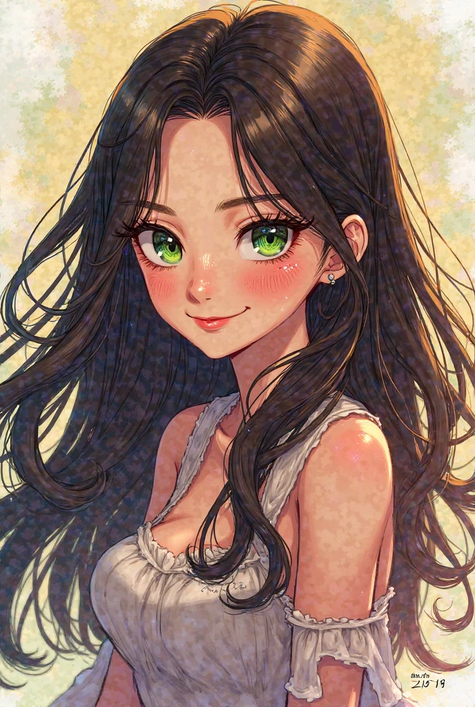 Ghibli studio style of a women aged 20 years, mature looks, dark brown wavy hair, big eyes, joyful expression, light brown eyes, blurred background, wearing green dress, big smile