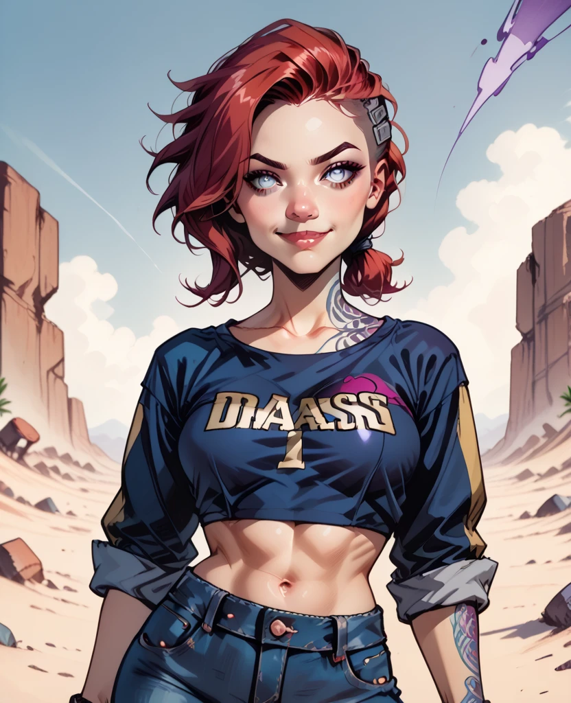 Female, Solo, Young Adult, Red Hair with Dark Purple Highlighted Tips of Hair, Light Gray Eyes, Navy Blue Crop Top, Cropped Samurai Jacket, Black Denim Jeans, unnaturally Pale Skin, "One Connected Huge Green Borderlands Lines and Swirls Tattoo's on Breasts, right arm, stomach and leg", Goofy closed mouth Smirk, Hand on hip, Sleeves rolled up showing siren tattoos, Desert wasteland background,