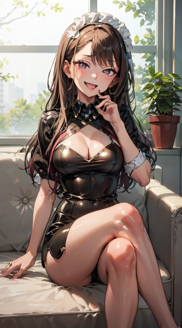 highest quality、complete limbs、Refers to the whole、1 beautiful woman、beautiful big breasted woman:1.3、((black haired woman))、big smile、straight hair woman、female knight、(((Woman wearing black high neck sleeveless leotard with zipper:1.3)))、sexy pose、(((woman wearing brown pantyhose:1.3)))、living、Sit on a one-person black sofa、A woman leaning on the back of a sofa、The woman rests her arms on the armrests of the sofa