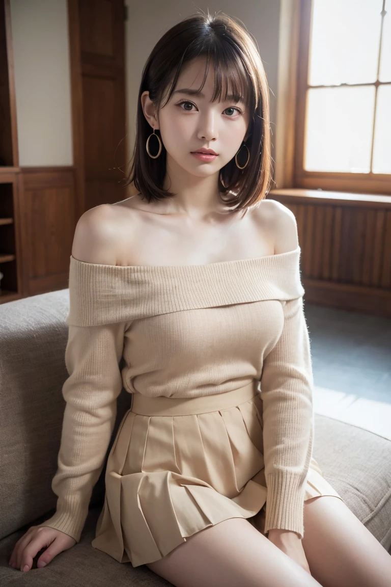 A 30-year-old mature woman wearing a bright yellow off-shoulder long knit mini dress.
