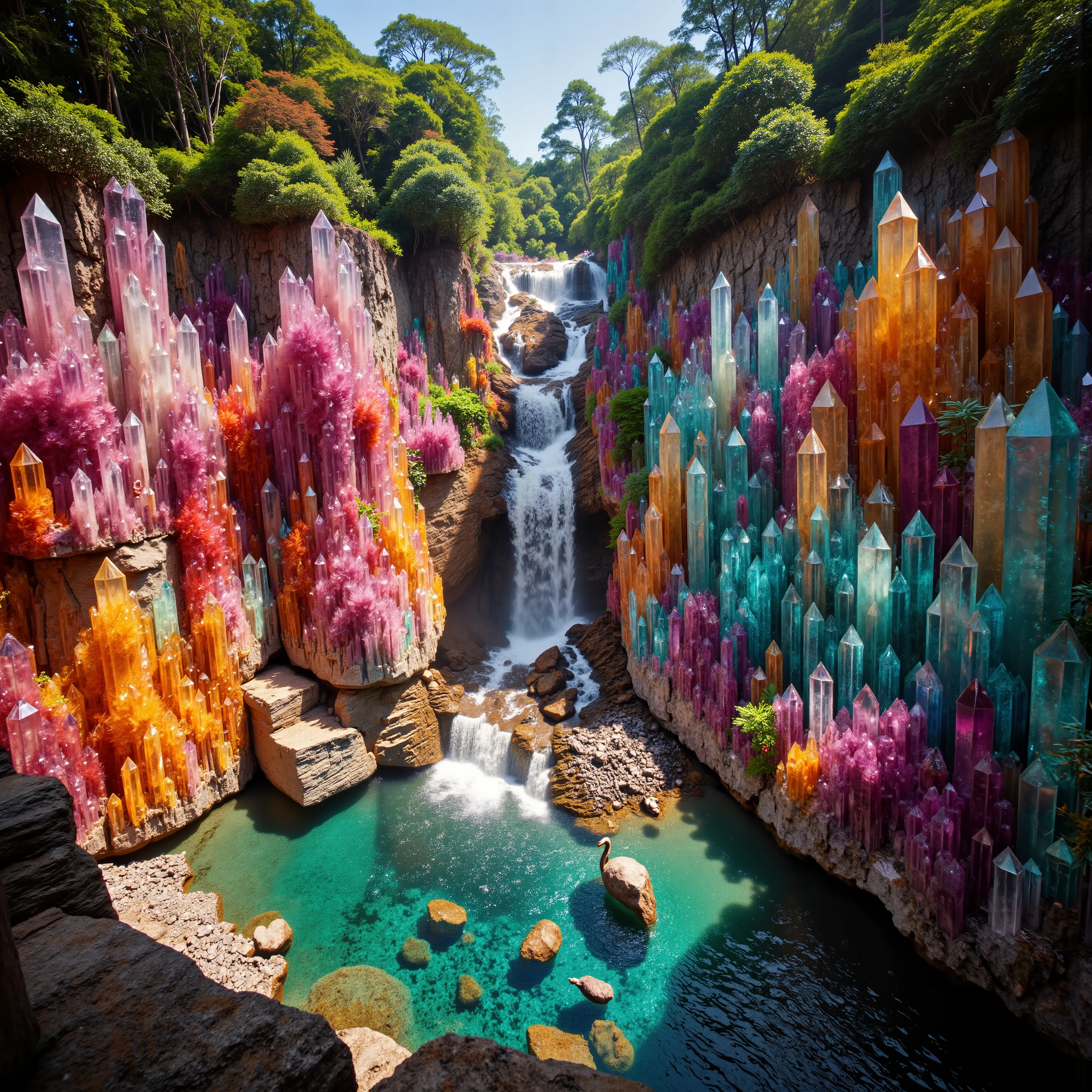 . A cliff that is 300 feet tall made up of gigantic quartz crystal points that are multicolored translucent pillars in a tropical rainforest. In the middle of these skyscraper sized quartz crystals is an incredible gushing cascading waterfall that pours into a beautiful lagoon that is lined with smaller quartz crystals 20 to 40 feet tall. In hues of Pink, Red, Orange, Yellow, Green, Blue, and purple, there are hundreds of quartz crystal formations pointing up and making up the walls of the inside of the cliff and protruding from the perimeter of the lagoon. Be sure that they are partially translucent and radiate color in the bright full sunlight. In this Full Sunlight we see dinosaurs down in the lagoon drinking. There are hundreds of giant quartz crystals in and on the cliffs, in the inside edges of the lagoon, and around the waterfall. Dinosaurs' eyes are calm and clear. No red eyes! No glowing eyes! There are other animals and birds everywhere. Giant insects are all over the place, too. Prehistoric life in its natural form. A jungle with life in every direction. Anatomically Correct Size and Proportion of the dinosaurs. Breathtakingly beautiful, stunning, Awe Inspiring, An Awesome Site! If you get it right! 8K Octane, Action Painting, Cinematic, Cinematography, Conceptual Art, Digital Art, Fujicolor, Ultra-realistic Photorealistic, Portrait Photography, Surrealism, Unreal Engine, Sparkle on crystals, Cinematic Lighting, Glowing Light, Reflection Light, Ray Tracing, God Rays, Perspective: up close, macro photography, Ultra bloody and gorey, UHD, Super Detailed, Best Quality, Award Winning, Masterpiece