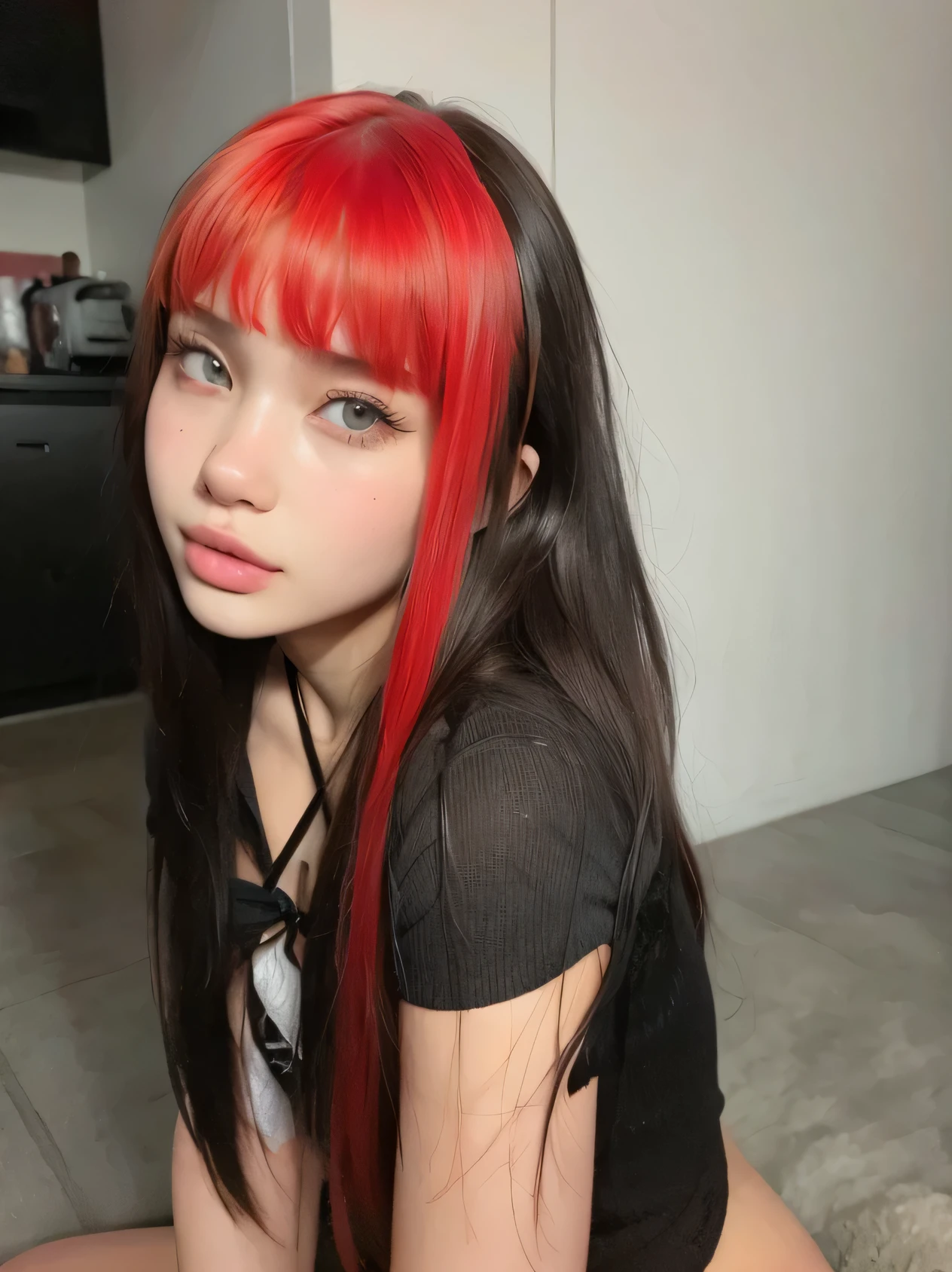 Korean, Asian, slanted eyes, red hair, high quality