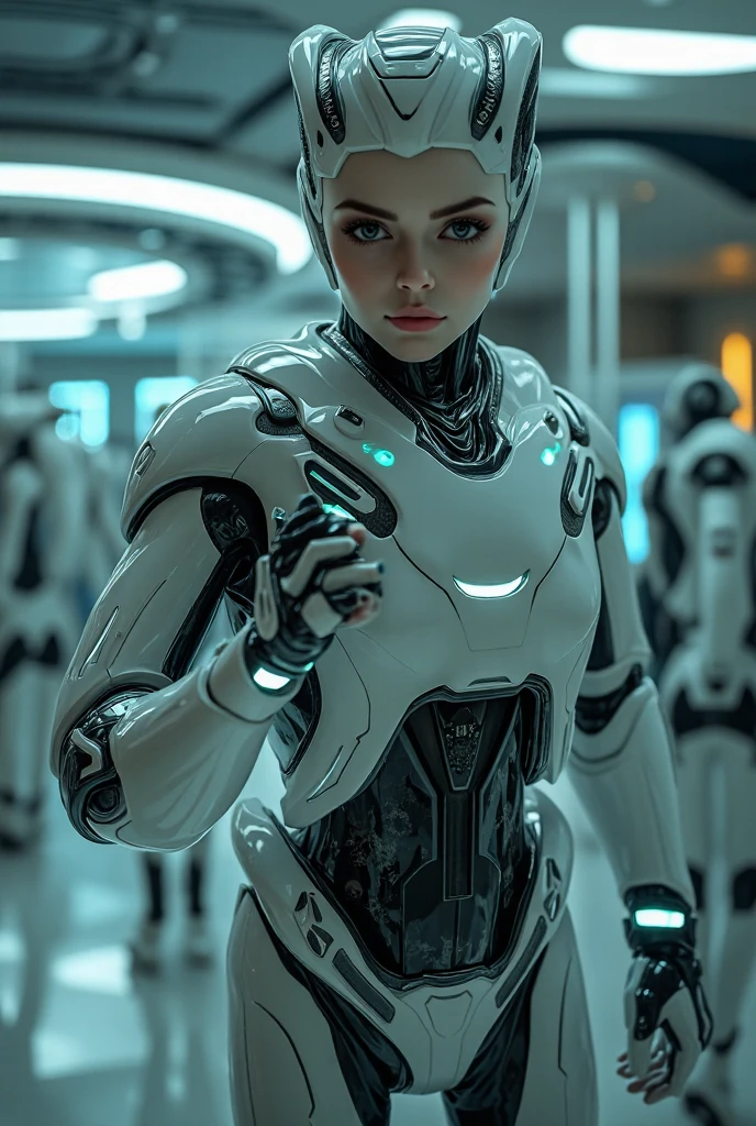 beautiful michelle monaghan wearing the finest bodysuit money can buy sitting in a room filled with lots of white with chrome trim furniture and intricate robots, people on patrols, retrofuturism, futuristic, sharp focus, warm lighting, high quality, realistic, Photographed with natural light and high contrast.ultra detailed, Photorealistic, 16K