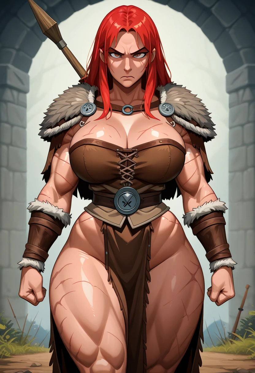 (masterpiece, best quality, high resolution, ((full body, standing,)), ((big breasts)) 1 dwarf woman, (small body), red hair tied in 2 braids, muscular body, dwarf clothes full body fantasy figure, fantasy leather gloves and boots, holding a huge dwarf war axe in hands, powerful posture,