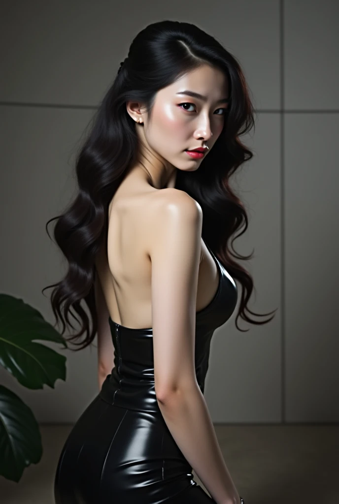 ((best quality)), ((masterpiece)), (detailed), a japanese grandpa sensual body, height of 1,60, having sex, with extremely small clothes squeezing her hugely large breasts, and your little vagina,
"A stunningly beautiful and captivating model stands with confidence. She has a slender yet curvaceous figure with perfectly toned skin that glows under soft, warm lighting. Her face is mesmerizing, with high cheekbones, a delicate nose, and full, luscious lips painted in a deep red shade. Her large, almond-shaped eyes are a striking shade of deep blue, framed by long, thick lashes that curl upward, adding to her intense and sultry gaze. She has long, silky black hair that cascades down her back in soft, loose waves, catching the light with a natural sheen.She is dressed in a form-fitting, elegant black satin dress that hugs her body, accentuating her hourglass figure. The dress has a deep V-neckline that tastefully reveals her décolletage, and the fabric flows smoothly down to her thighs, with a high slit on one side that adds an extra touch of allure. She stands confidently in black stiletto heels, her posture exuding grace and poise.Her overall appearance is both alluring and sophisticated, with an aura of elegance that draws attention effortlessly. The setting around her is minimalistic, with a soft, diffused light creating subtle shadows that enhance her features, adding a sense of mystery and sensuality to her presence."