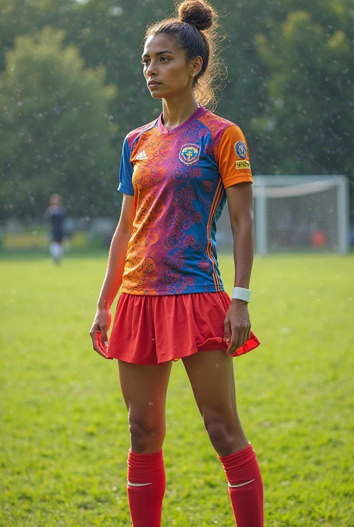Gorgeous woman, twenty five years old, Indonesian, she is an athlete, wearing red soccer jersey/outfit, updo, outdoor soccer field