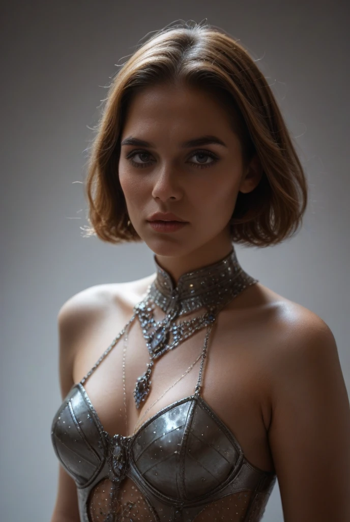 Gorgeous european woman with very short hair, short pixie hair with a fringe, wet hair, hair slicked back, combed straight back, slick hair, streaked brown hair, seductive pose, Shantel vansanten, dressed in a chainmail costume, cleavage, solid dark grey background