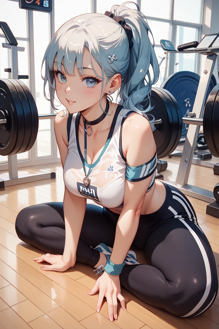 (8K, best quality, master piece: 1.2), super high resolution, 1 girl,16yo,ultra-detailed face, detailed eyes,light blue hair,twintails,blunt bangs,black eyes,smile,barefoot、Sitting on a stability ball with legs apart,Body-fitting sport bra and shorts,pants,Professional Lighting,Engage your audience,Dynamic Angle,gym