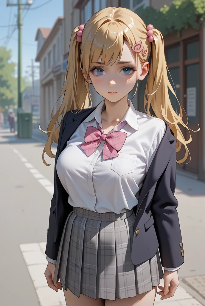 ((perfect anatomy:1.2,realistic:1.3,RAW Photography:1.3,masterpiece、highest quality、Ultra - High resolution、High resolution、Highly detailed CG、8K)),cowboy shot,1 female,solo,18-year-old、High school girl beautiful girl,Japanese,((beautiful detailed face and eyes:1.2,big gorgeous eyes:1.3,)),blonde hair,long hair,(center parted hair:1.4,forehead),medium breasts,slender body,small head:1.3,skinny,(brown skin:1.4),(oily skin,gleaming skin,shiny skin,sweat:1.2),(school uniform、Dark blue blazer jacket、plaid pleated mini skirt),standing,dirty back alley、at night、Tokyo、