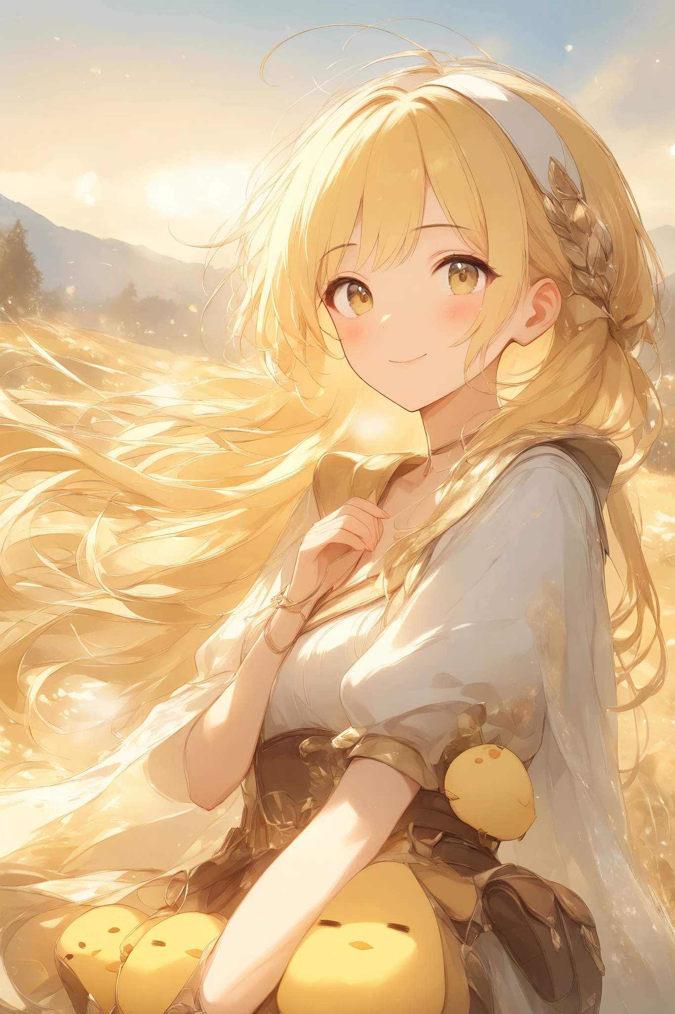 (masterpiece:1.2),high quality of wavy lines、very breathtaking、beautiful details、best quality、((Three-dimensional works))、warm, pale hues、fantasy world of the woman on the right、chick and adventurer girl、((Cute chick))