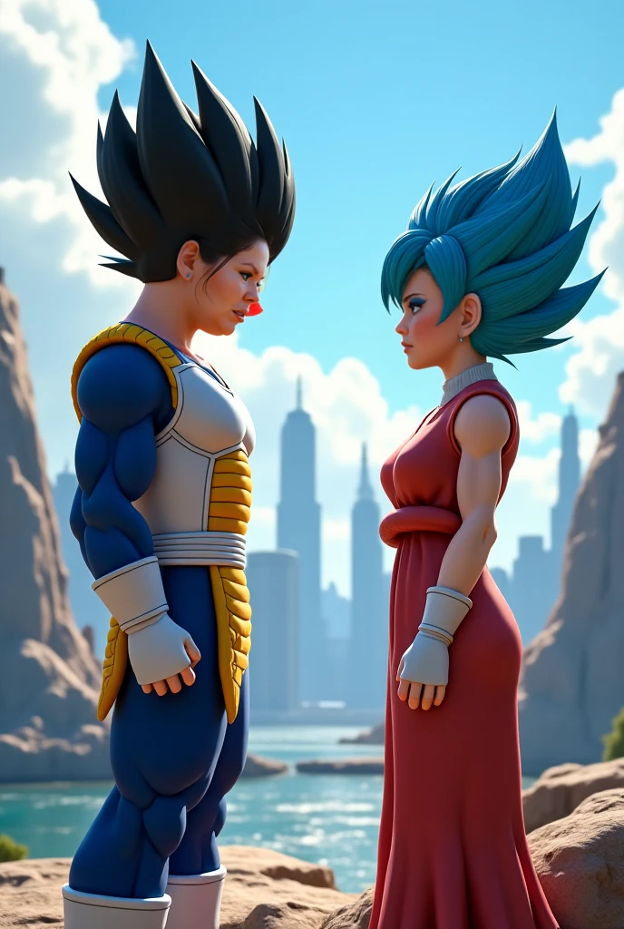 vegeta ( man ) with Bulma ( girl ) convert to real life, bulma light blue colour hair, vegeta get a shoulder muscle, detail 8k