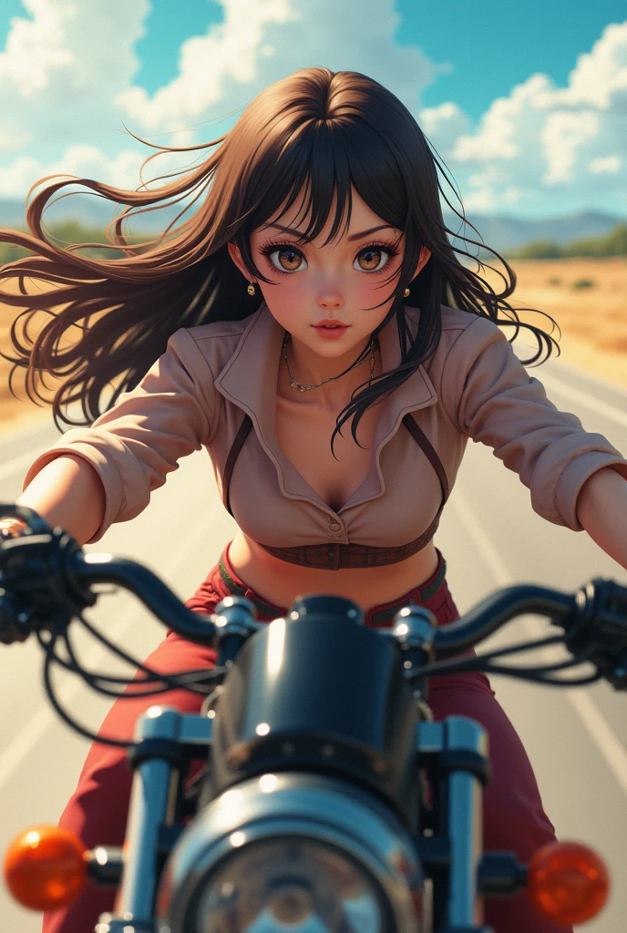 A portrait of a brunette anime woman, Riding a motorcycle , long hair ...