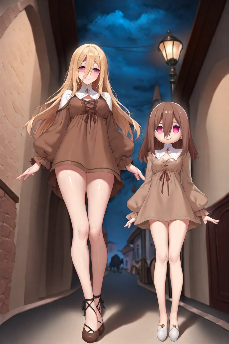 perfect anime illustration, young agers, medium breasts, 2girls, (1 blonde girl, 1 brown haired girl), twin sisters, rich girls, brown hair, blonde hair, curly hair, long hair, different hair colors, hazel eyes, smiling, white skin, ((naked)), highres, full body, outside at night in the snow, building a snowman