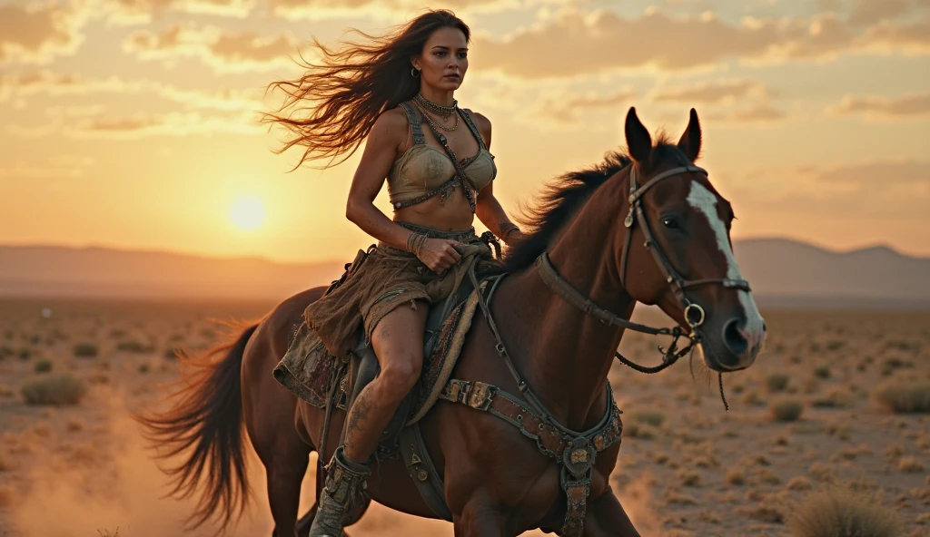 beautiful barbarian girl, beautiful breasts, beautiful hips, desert, sun, riding a horse, horse runs with a voice,