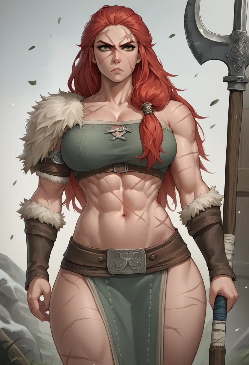 ((Simon Bisley)), Beautiful full-bodied woman, 30 years old, muscular and perfect body, ((((Viking warrior)))), long dark orange hair with moths and with little clothing, tiny thong, (((rusty metal bra)))), polar bear skin covering her back, large breasts, generous neckline, ((holding a Nordic sword)), brave face, dark kingdom, sexy pose, walking in a wilderness, Icy mountains in the background, medieval era, (((((huge muscles)))))