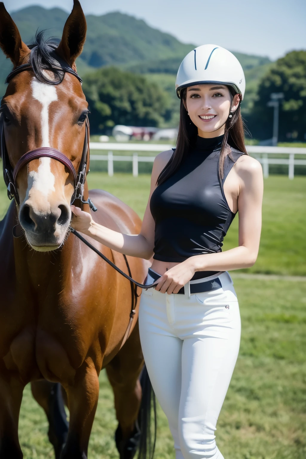 ((top-quality、8K、masterpiece: 1.erfect Body Beauty: 1.4、Slender Abs: 1.2、Beautiful woman with slender abs:1.3、(Highlight Haircutreast B Cup:1.2), medium breast, round shape breast, perfect shape breast, ((horse riding suit)) ), necklace, hyperdetailed face、18year old、 Pretty women、(Dark brown short-cut hair), Slim Face、Highly detailed facial and skin texture、very detailed lips、opens legs、top-quality、masterpiece、超A high resolution、(Photorealsitic:1.4), walked forward confidently, long shot , solid color background