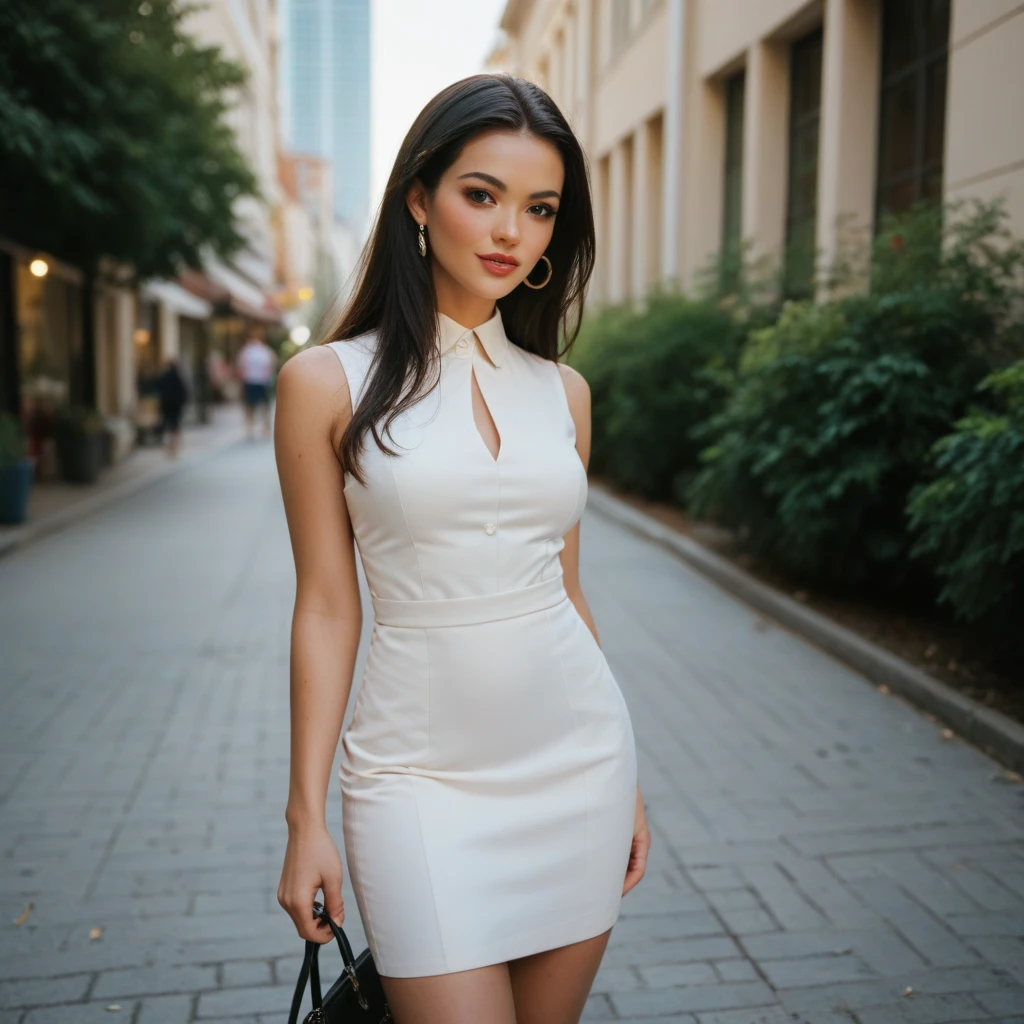 A realistic image of a slender white woman with long, straight black hair. She has a natural and relaxed expression on her face, with subtle, natural makeup. The woman is standing in a simple, neutral background with soft lighting that highlights her features. She is dressed in a minimalist, modern outfit that complements her slender figure. The overall tone of the image is calm and elegant, focusing on the woman’s refined appearance