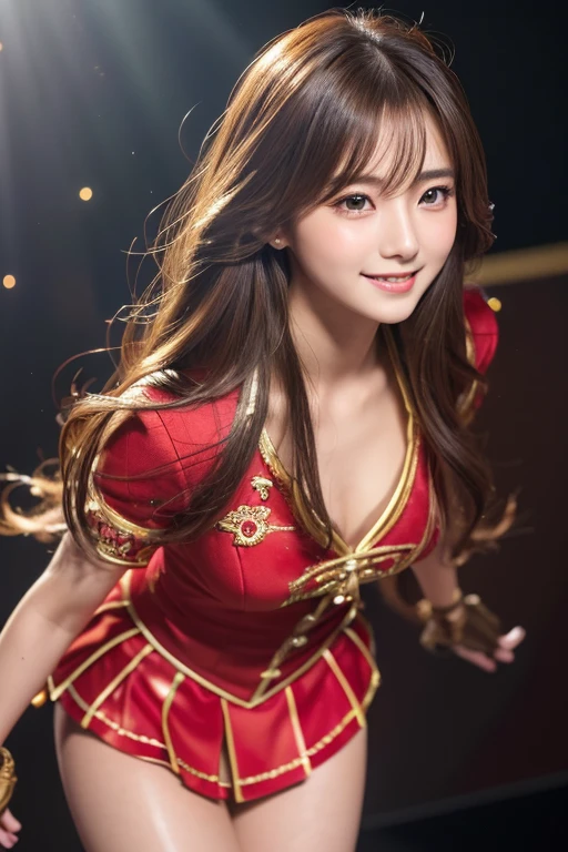 (Highly detailed CG Unity 8k wallpaper, of the highest quality, Ultra-detailed, High resolution, masutepiece, Realistic, Photorealistic:1.5), (cute Japanese girls), extra detailed face, Face Focus, Beautiful detailed eyes, Eye focus, (Detailed background), detailed  clothes, super detailed skin, (Elaborate ((Flamenco costumes)) Featuring plenty of frills and lace:1.3), (Bright crimson costume creates a striking and dynamic look:1.2), (Passionate and energetic dance imbued with fiery flair:1.2), (Expressive and passionate dance with a vibrant and dynamic ensemble:1.2), (A world colored in shades of red, Embrace the excitement of dance:1.3),  Midi wavy hair, Brown hair, Floating hair, medium breasts⁩, medium ass, (make up), (Adorable smile:1.3),