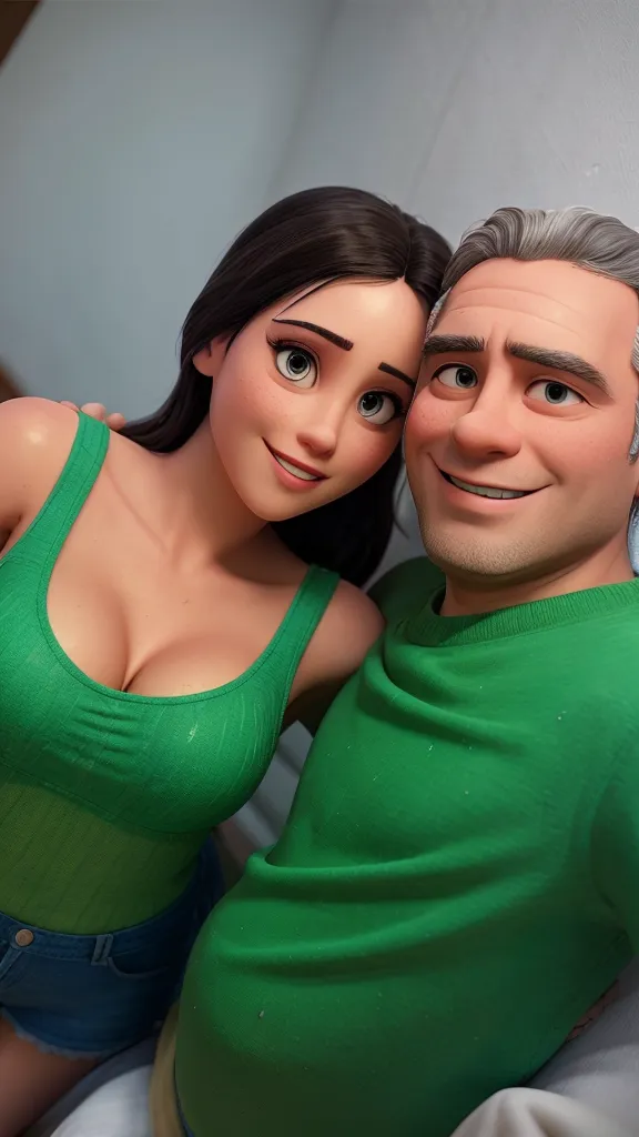 There is a woman, de cabelos longos, castanhos, olhos verdes, Smiling looking at the camera and a man behind her, de barba e oculos, Lightly crouched looking at the camera and with his hands placed on the woman's shoulder.