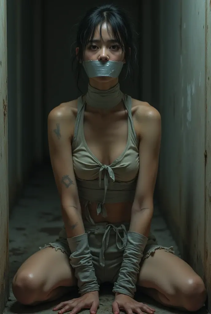 (Photography)(dynamic) Show a Malay female, in prison. Wearing hijab, nude color skintight inner and leggings. Hands chained. Crying.