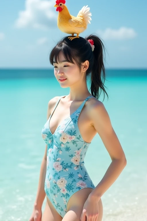 Highest quality、Realistic、、zoom、Primary school students、Women、low length、cute、Light grey eyes、Black Hair、short hair、Tanned brown skin、Dark Skin、Blue striped swimsuit、Flat Chest、、thin、smile、Ocean