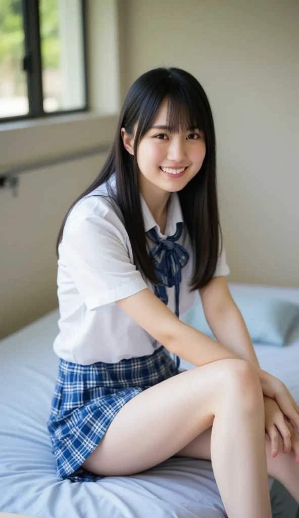 shoot from below,perfect Ratio Face, Balanced eyes, double eyelid,japanese,14yr,((white dressshirt)),((navy blue pleated skirt)),((fluorescent blue panties)),round face an innocent face, Beautiful nasal muscles, lipgloss, smiling, Balanced style,shorthair with bangs,squat,beautiful thighs,both hands are hidden behind the body,open legs,show off panties,in library