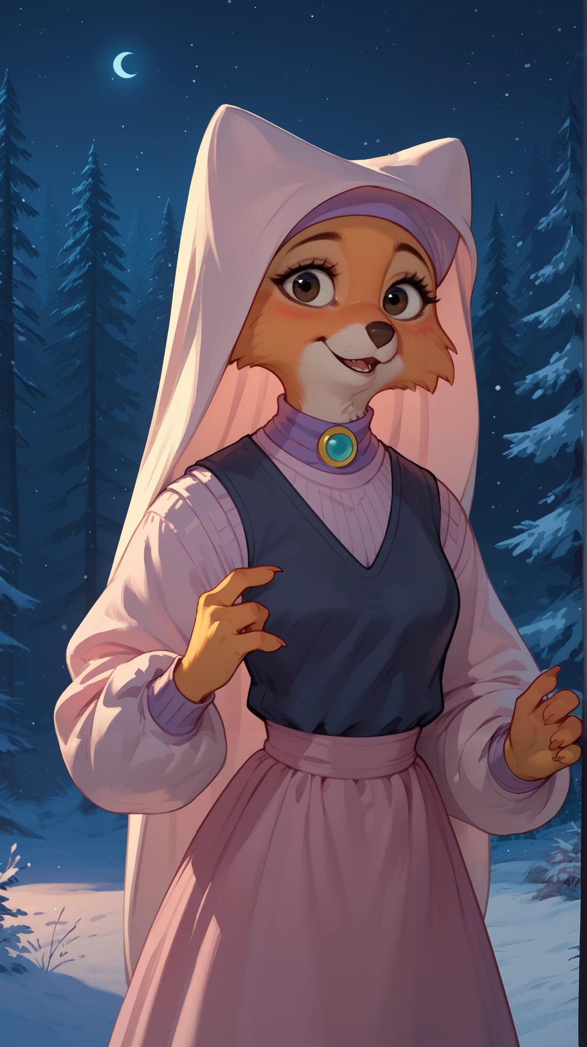 Look at the spectator, night, Pine forest, winter, Furry character, chica, maid marian, fur coat vest