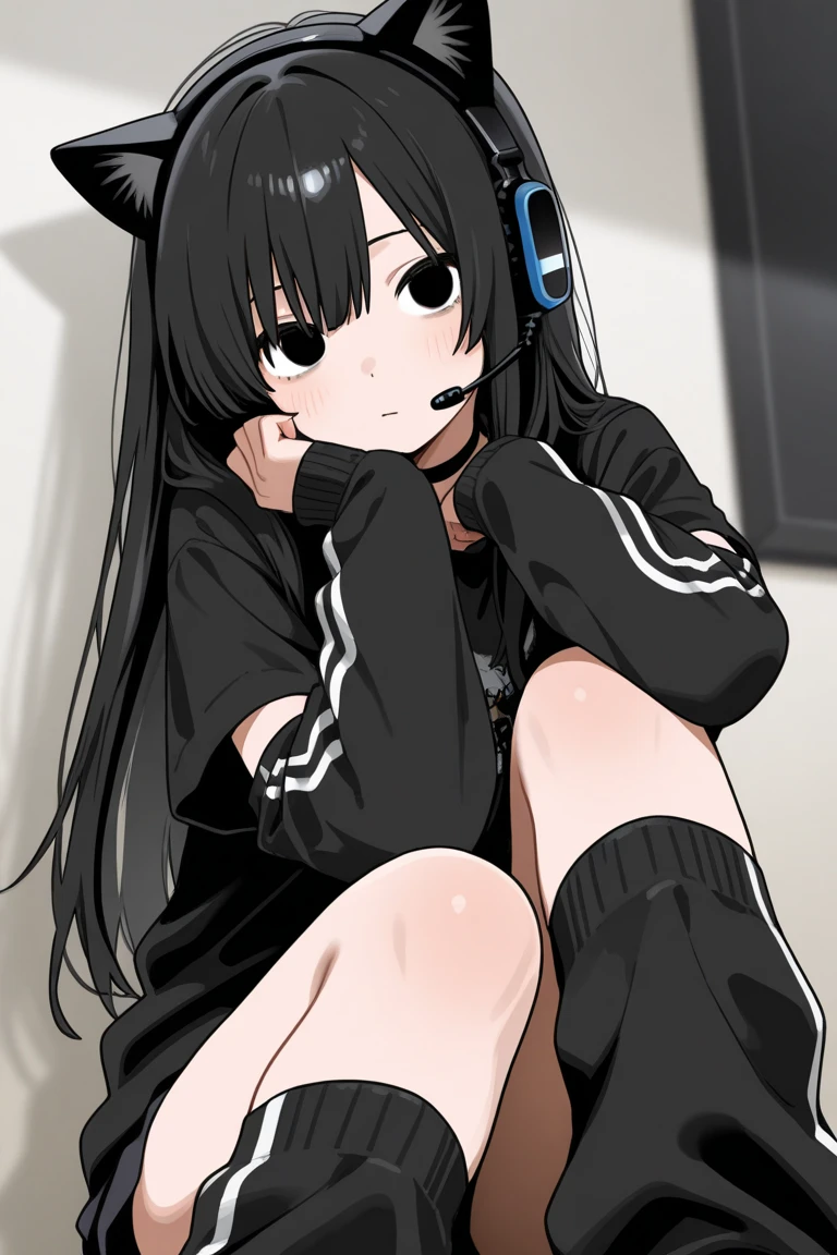 A anime cat girl. Shes laying onto a wall she has knee high socks, black shoes, black hoodie, black tail, Black hair and black cat ears, she has spiky wrist bracelets to.