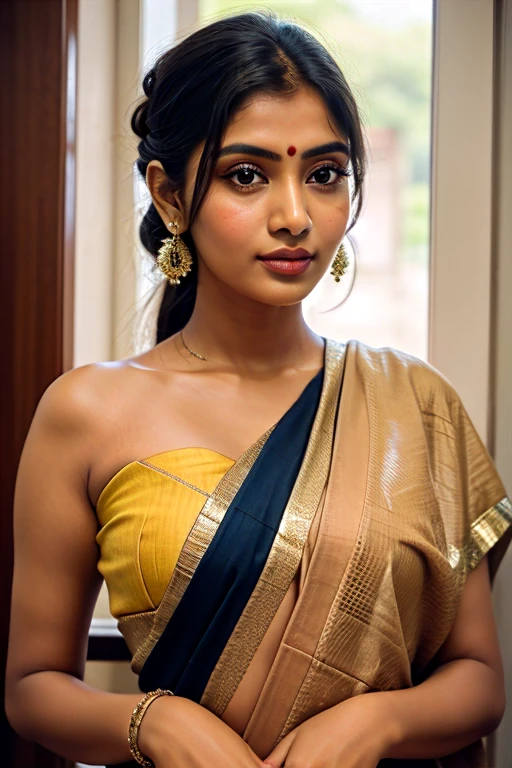 kerala girl age 24, wearing saari, saari color yellow, and blouse color red. hiquality image, ultra wide resulution 1.5, 