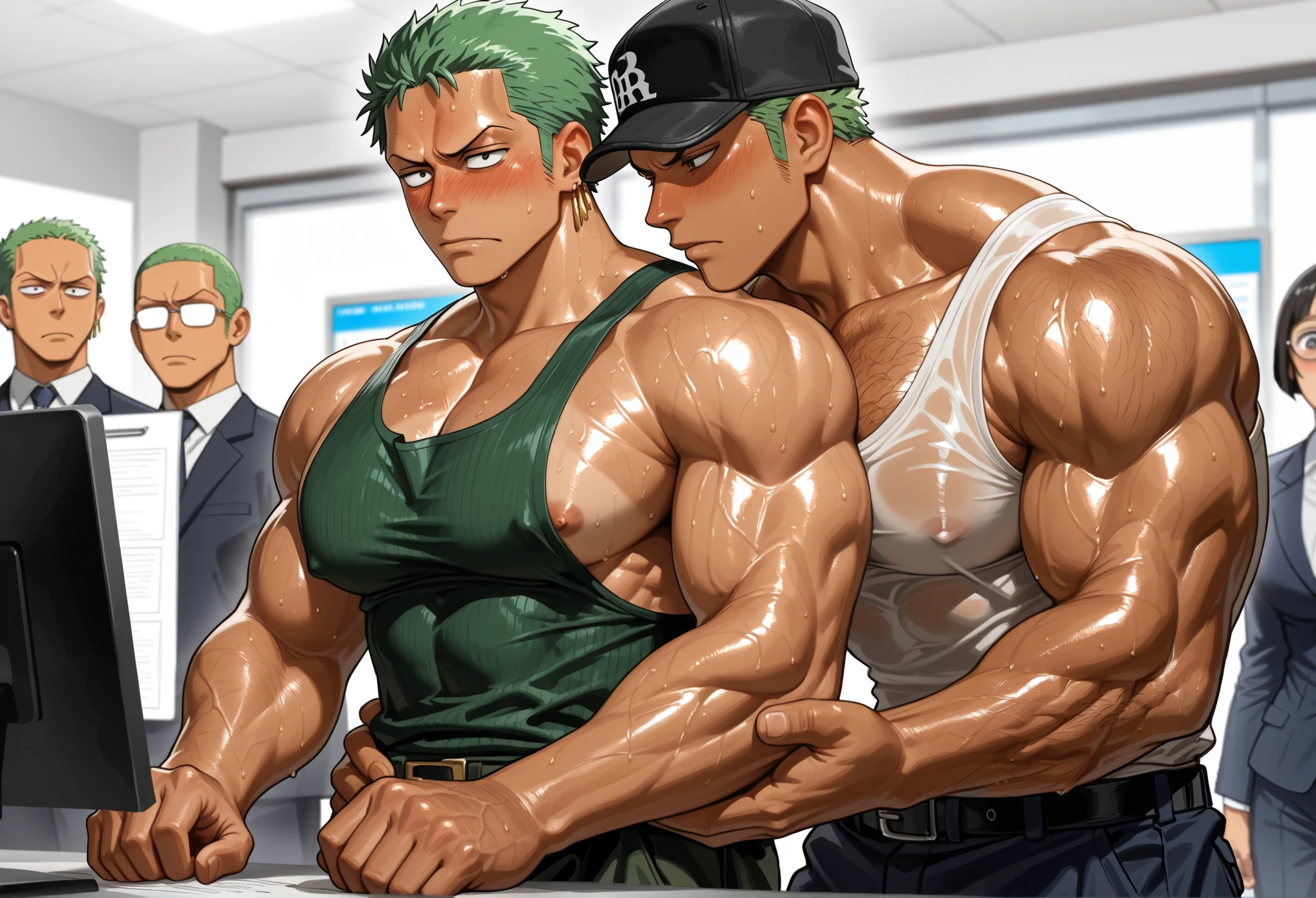 Roronoa Zoro, tanned skin, buzz cut, baseball cap backwards, tanktop, cargo pants, muscular, muscles, big biceps, broad shoulders, massive pecs, sweaty, hairy chest, blank expression, vacant stare, hypnotized, brainwashed, focused, High Resolution, a young businessman , large pectoral muscles , wearing glasses , boss ((massages chest muscles with both hands (through clothes) from behind)) , close contact , embarrassed and blushing , (sexual harassment) , business suits , lean back , small nipples , in office , NSFW , frustrating , distant viewpoint , Masterpiece , best quality , very aesthetic , ultra-high resolution