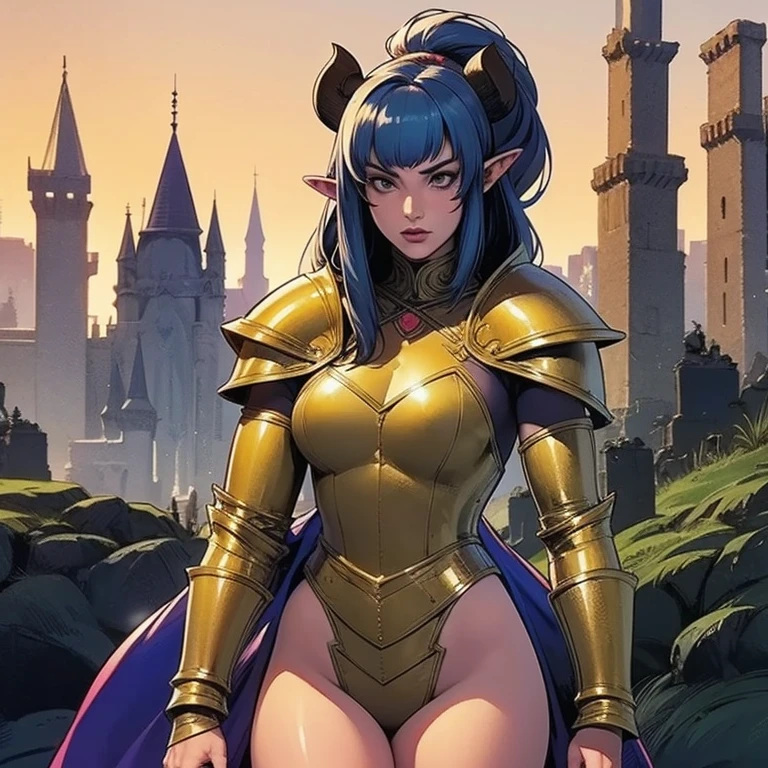masterpiece, best quality, 1girl, solo, Lucina \(fire emblem\), short blue hair with black highlights, blue eyes, detailed eyes, detailed pupils, marked eyelashes, mascara, shiny black lipstick, bold eyebrows, black eyeshadow, detailed hair, cleavage, large breasts, pale skin, gothic appearance, standing, darkmage, bodystocking, mature female, wide hips, black painted nails, both hands glowing bright blue, blue magic, bright blue sparks in both hands, fantasy, fortress, darkness, dark, night, night sky, moon