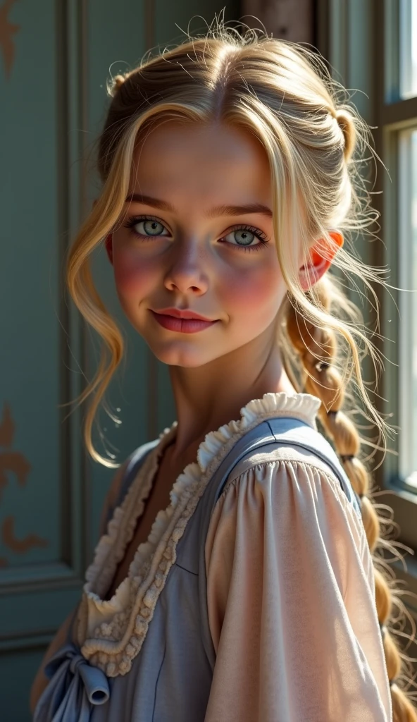 Melhor qualidade, obra-prima, ultra alto nada, fotorrealista, foto crua, Girl child 10 years old, Russian blonde in braids, com roupa de jaqueta de couro vermelha, Estilo retrato, flames are shining. --auto --s2