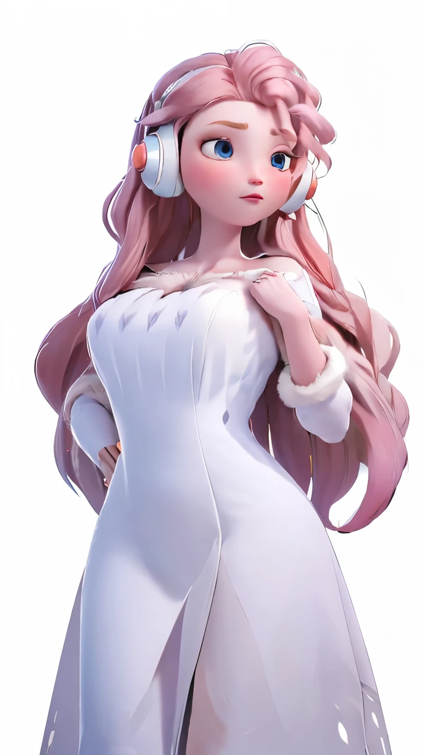 (1 girl, Alone, Masterpiece, 4k, Best Quality:1.2, (cowboy shot), Best Quality:1.2, good hands, showy, (perfect hands, perfect anatomy)),
utaop, headphones,blush, White dress, fur over one, red and white hair, multicolor fur, High average,
((medium breasts, big hips, looking at the viewer)),
((simple background, White background)),