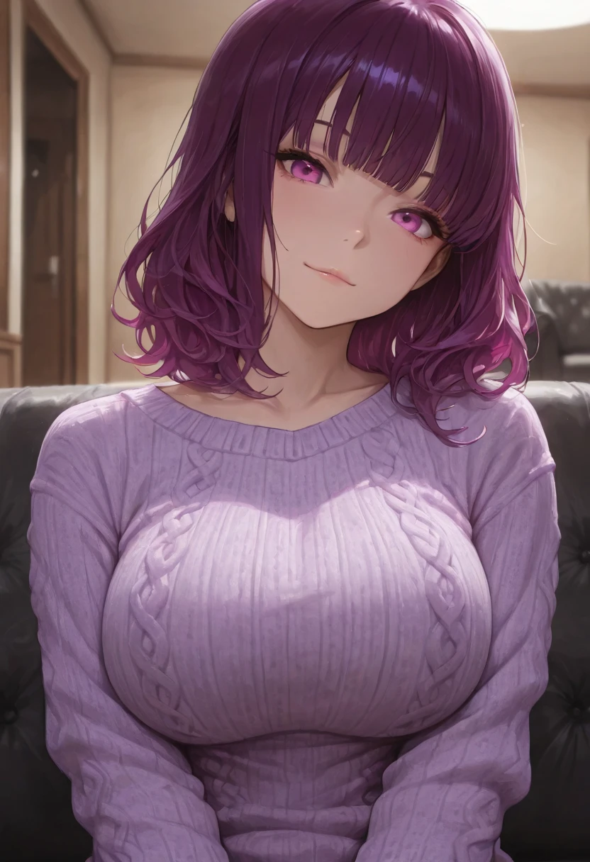 ((solo)), upper body, very cute girl, kawaii,  violet purple hair, medium hair, wavy hair, blunt bangs, pale pink eyes, head tilt, light smile, large breasts, sweater, pierce, Break, indoors, living, couch, sitting, amazing masterpiece, top quality, high fashion, absurdres extremely, HDR, intricate details, vivid colors