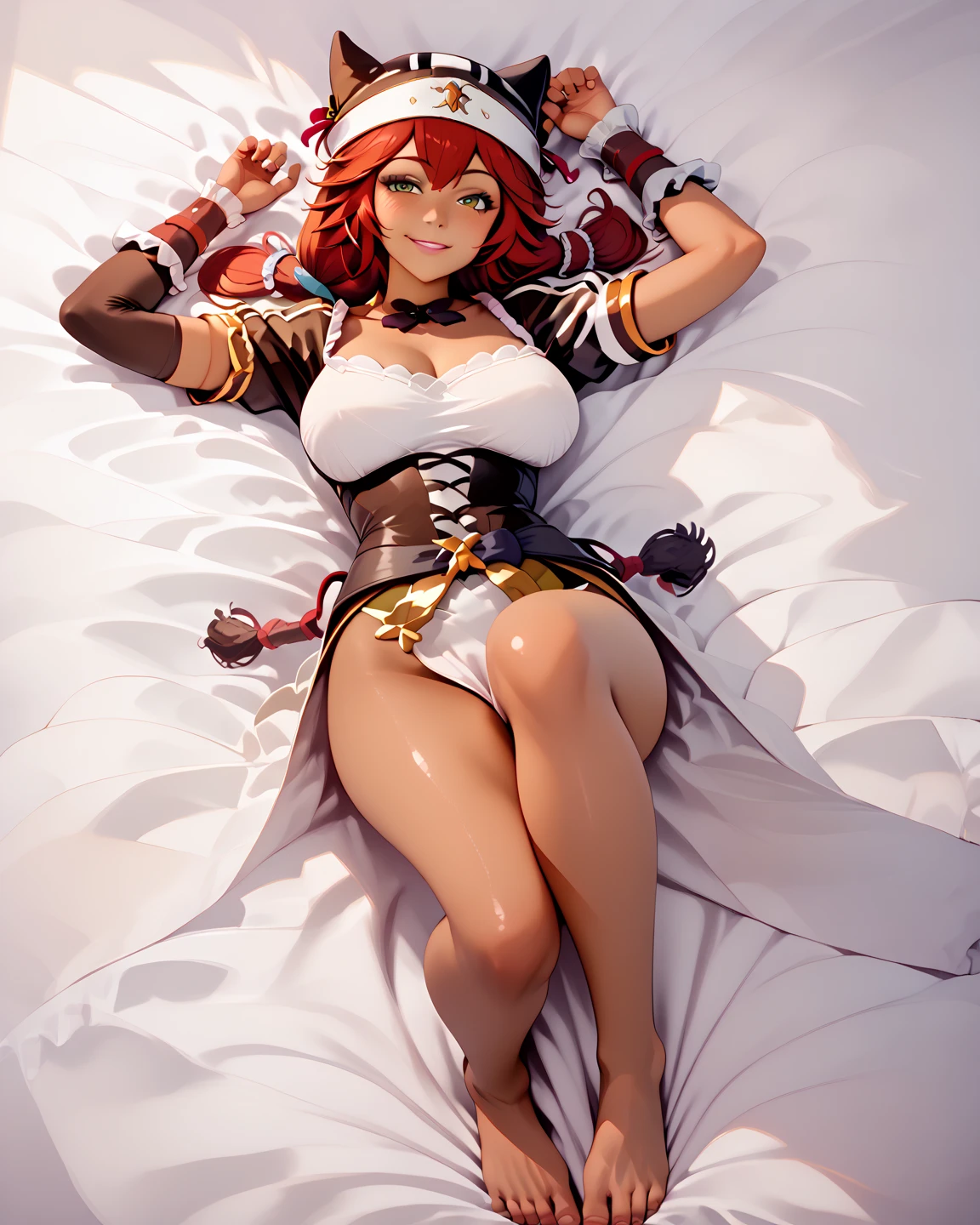 full body standing straight bareoot, long hair, triplets, holding hands on bed, sleeping together, superheroine micro bikini, SFW girl, CHEST COVER, super sexy. best quality, realistic photo, cowboy shot, bedroom background, bed, sheet, pillow (Lysithea von Ordelia) (yellow eyes) white hair, silver hair, very long hair, straight hair, solo, adult woman, tall, slightly muscular, large breasted, cleavage, constricted waist, toned body, slight abs, thin dark skin, pointy ears, lipstick, makeup, black eyeshadow, circlet, white short dress, jewelry, bracelet, white gloves