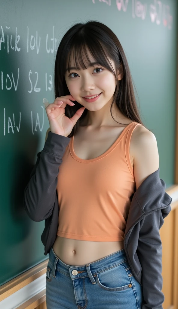 highest quality, High resolution, realistic pictures, detailed skin texture, (Cute 10 year old Japanese girl wearing a mini skirt), shy, towards the camera, slim body shape, (flat chest:1.5), charming gaze, Fair skin, baby face, smile showing teeth, In the classroom