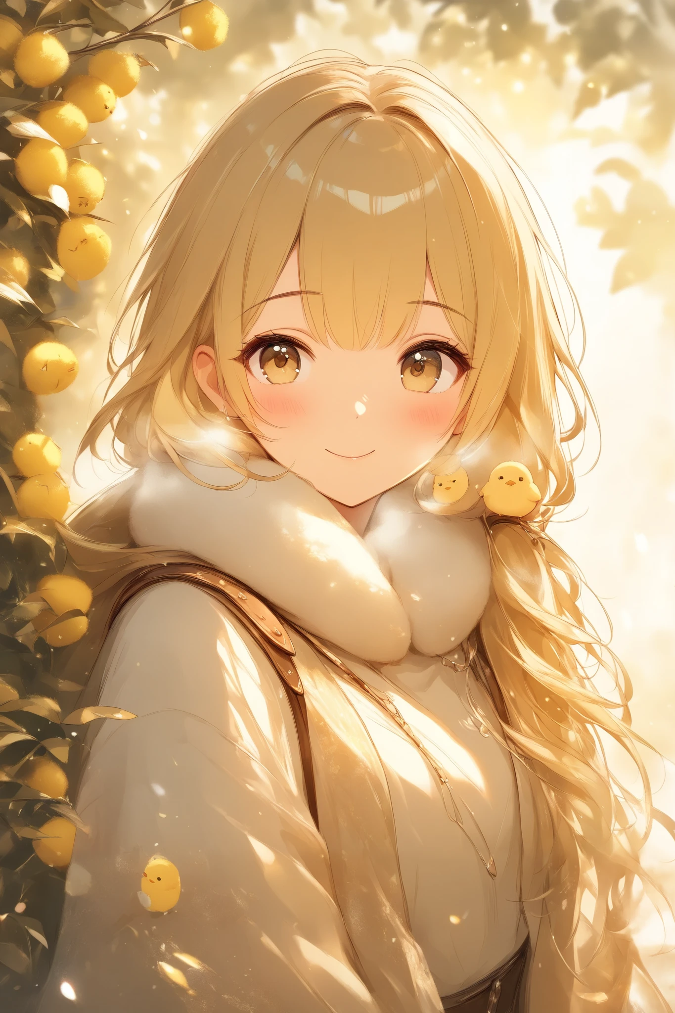 (masterpiece:1.2),high quality of wavy lines、very breathtaking、beautiful details、best quality、((Three-dimensional works))、warm, pale hues、fantasy world of the woman on the right、chick and adventurer girl、((Cute chick))