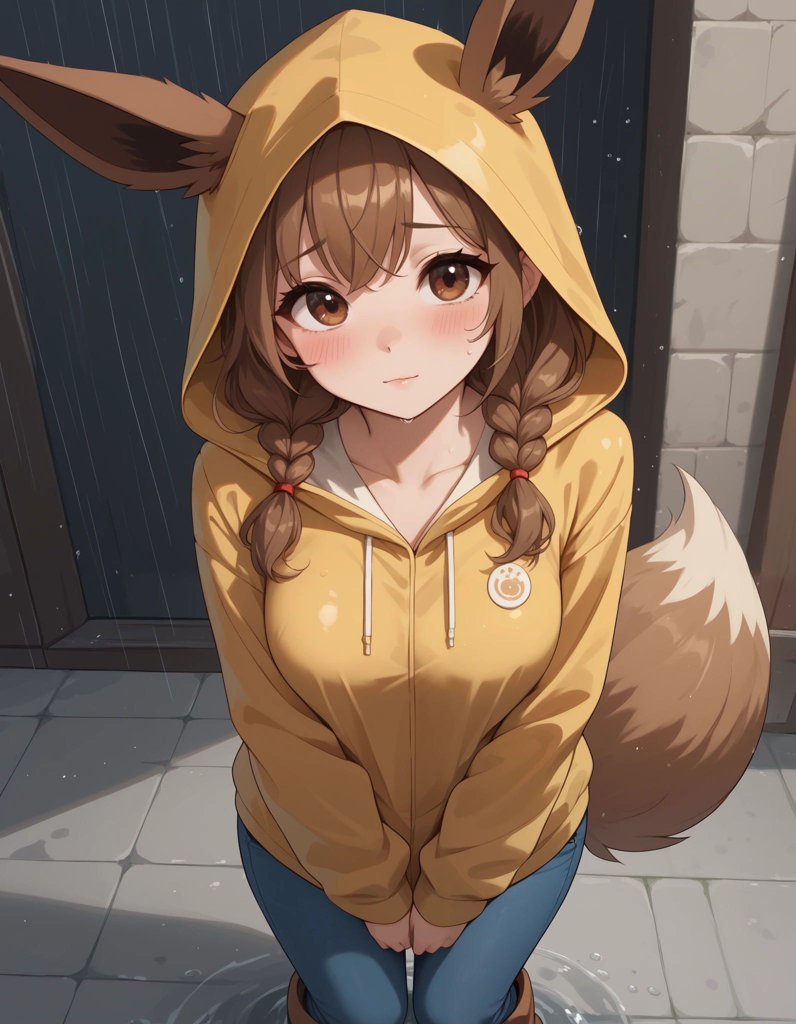 (Masterpiece) (High Detail) (High Res) A very short, cute and petite Human female with pale human skin and brown eyes and long brown braided hair and fluffy brown pointed Eevee ears and a long fluffy brown Eevee tail with a light tip and medium breasts. She looks shy and is blushing. Human with Animal Ears. She is wearing an oversized yellow raincoat with the hood up and blue jeans and red rain boots. She is stood in a puddle in the rain. Rain cloudy day. Puddles on the ground. Everything is wet. Water. From above. She is standing upright.