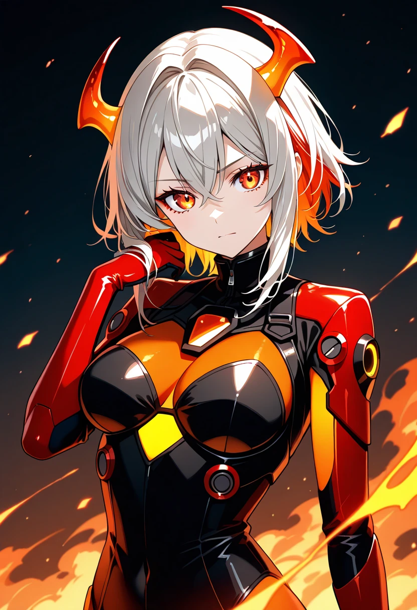 ((Best quality)), ((masterpiece)), (detailed: 1.4), (Absurd), 9full body0, muscular woman of 35 years, dark blue synthetic body, hot woman, sculptural body with defined muscles, closed mouth, muscular body wearing a micro thong, whole body covered by very dark blue clothes almost black neon style Genesis Evangelion, (((large breasts)), erect breasts, (((white mohawk hair))), (((graphic drawings of red flames covering the body))),  very long black eyelashes, heavy eye makeup, by mucha, niji --V5, near the real, psychopath, crazy face, sexy pose, 2-piece clothing, pastel, centered, scale to suit the dimensions