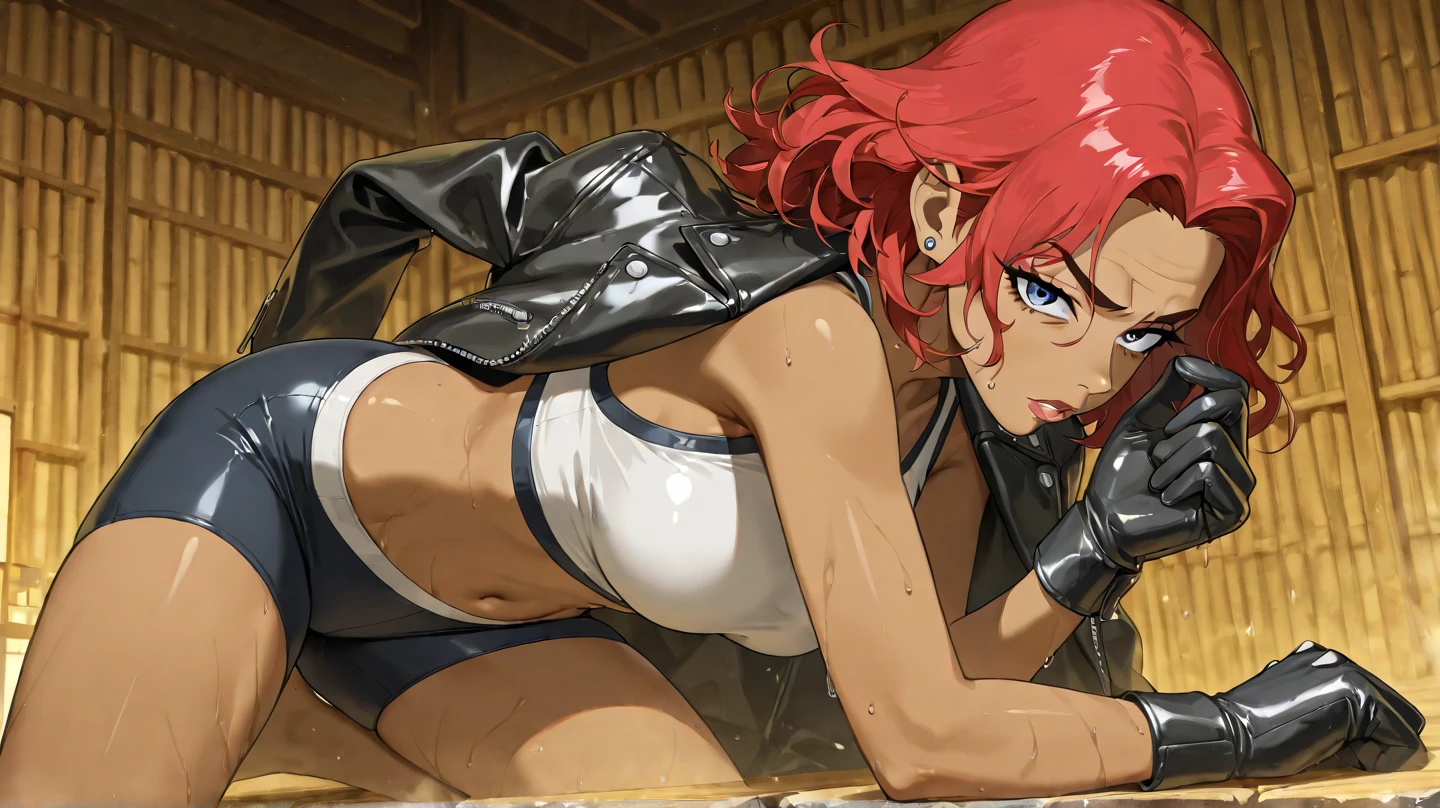 anime girl with purple hair sitting on a bench with a cigar, revy black lagoon, yoruichi shihoin bleach, revy, yoruichi, anime machine gun fire, dark skin, big breasts sits on a rooftop, anime girl in a bikini smoking a cigarette, female action anime girl,