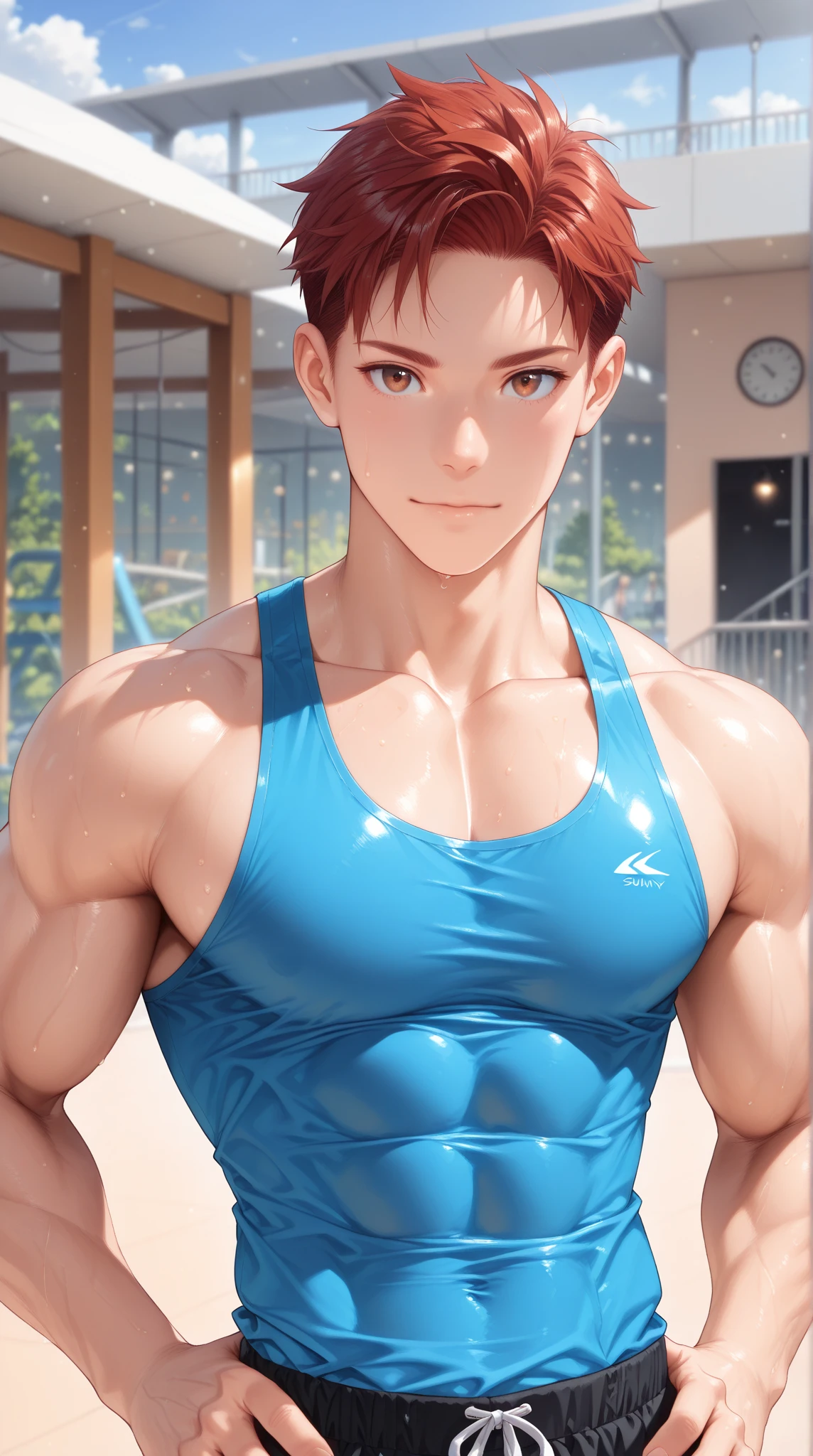 Great quality Perfect expression Japanese Boy Shota body type Sports physique Upper body naked In underwear A comfortable sky blue bikini relaxing after a hot bath The background is the men's floor of a public bath. Relax in a recliner Tired Mara Manly erection bulges out underwear