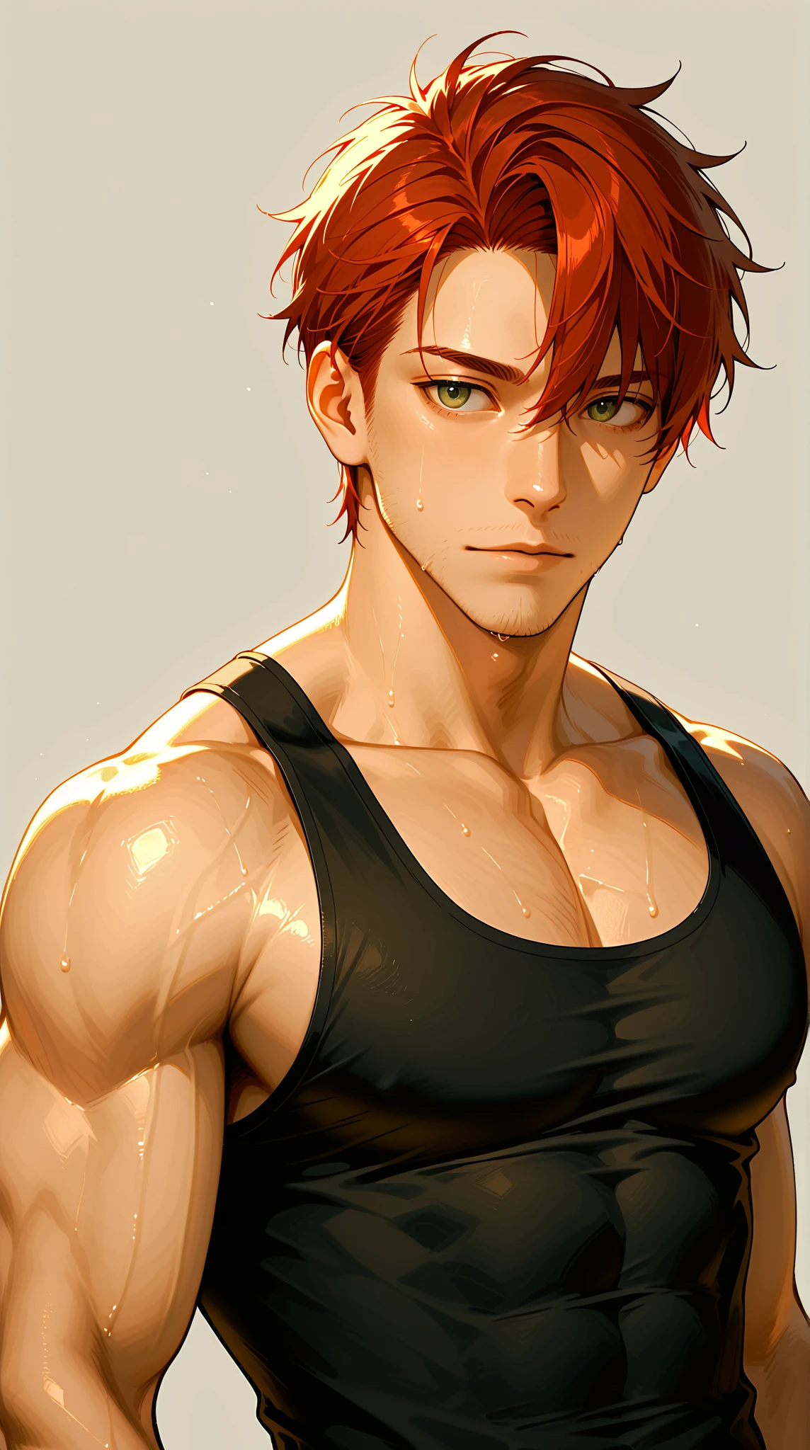 1 men, about 28 years old, yellow  eyes, serious body, well defined and muscular, messy short red hair, alpha, black backdrop, over the moon