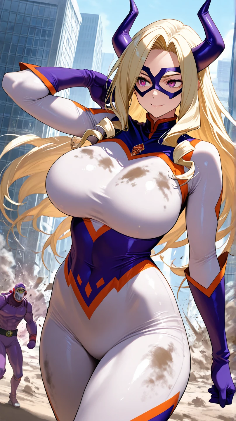 anime artwork, score_9, score_8_up, score_7_up, score_6_up, score_5_up, score_4_up, Mount Lady, blonde hair, purple eyes, big breasts, she is 24 years old, style_3, ,highleg bikini, armpits, hands up, black background, solo, disembodied hands grabbing her breasts, _smile,deep grab,
