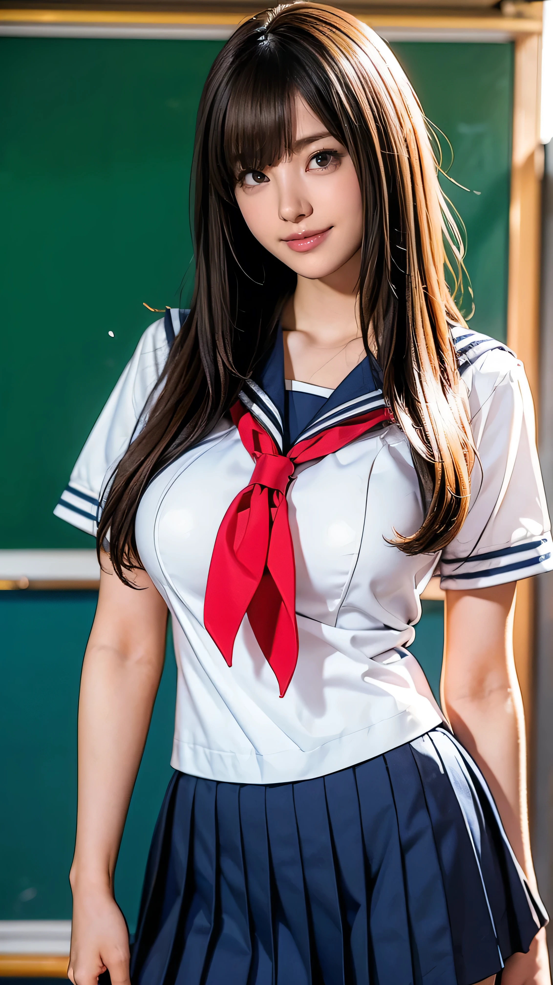 (masterpiece, highest quality:1.2), 8K, young beautiful girl, 85mm,Official AR RAW Photos, baby face、clothed big breasts、show me your ears、photo shoot, cute face, thighs, After school classroom, looking at the viewer, embarrassing、smile、no makeup, film grain, chromatic aberration, sharp focus, face light, clear lighting, Ten generations, detailed face, background bokeh、((((((16 year old high school girl))))))、thin waist、sailor suit、navy blue mini skirt、Lift up the skirt with one hand&#39;hand、White tiny panties、Wet、open your legs