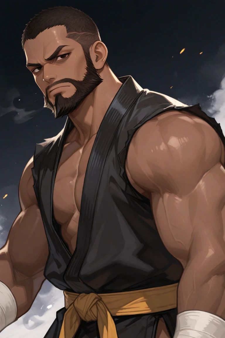 (Best Quality, 4k, 8K, high resolution, Masterpiece: 1.2), Kraven the Hunter, muscular giant, wearing a fur vest and loincloth, brown skin, bulging biceps, cracking knuckles, intense gaze, chest covered in intricate tattoos, broad shoulders, sweating, veins popping, hands briefly touching each bicep to showcase their immense size.