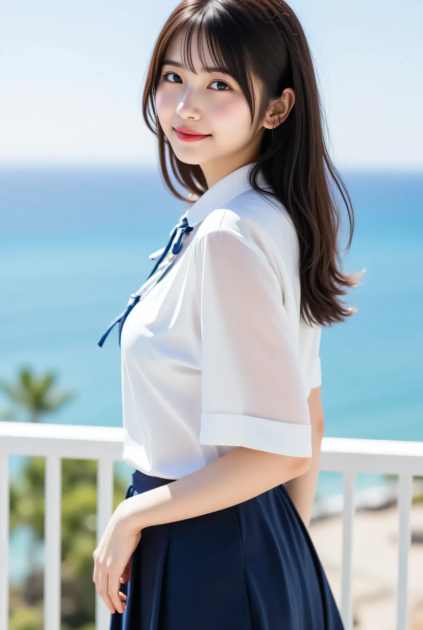 Smile、night、original photography、(((ultimate beauty portrait)))、((sparkling skin))、((masterpiece、top quality、Super detailed、movie light、intricate details、high resolution、Very detailed))、8 kood、digital SLR、soft light、high quality、film grain、富士XT3 、shallow view deep、natural soft light、Kamimei、on the table, Boutiques, illustration, Super detailed, beautiful, high resolution, 8k wallpaper, Perfect dynamic composition, Beautiful and delicate eyes, full Body photography showing your whole Body, collared shirt, long hair, Bold sexy pose , Smile, Harajuku, 20 year old girl, large size: 1.5,  Body, side view、Holding a bouquet of flowers、standing at the beach、Above the legs、from below