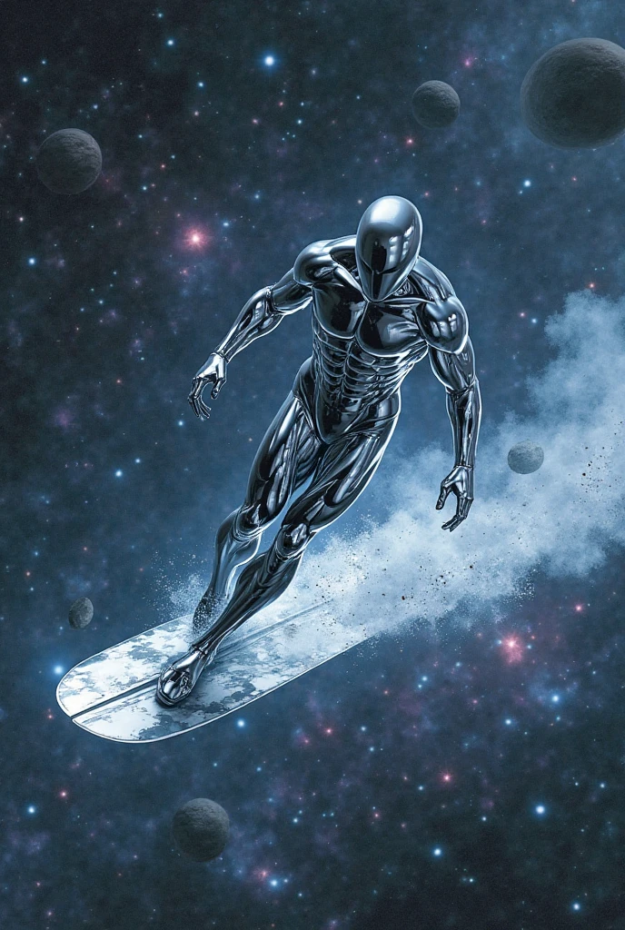 ral-chrome,<lora:ral-chrome:1>,
A feature photo of Marvel superhero silver surfer, in deep space, with the blue earth ahead