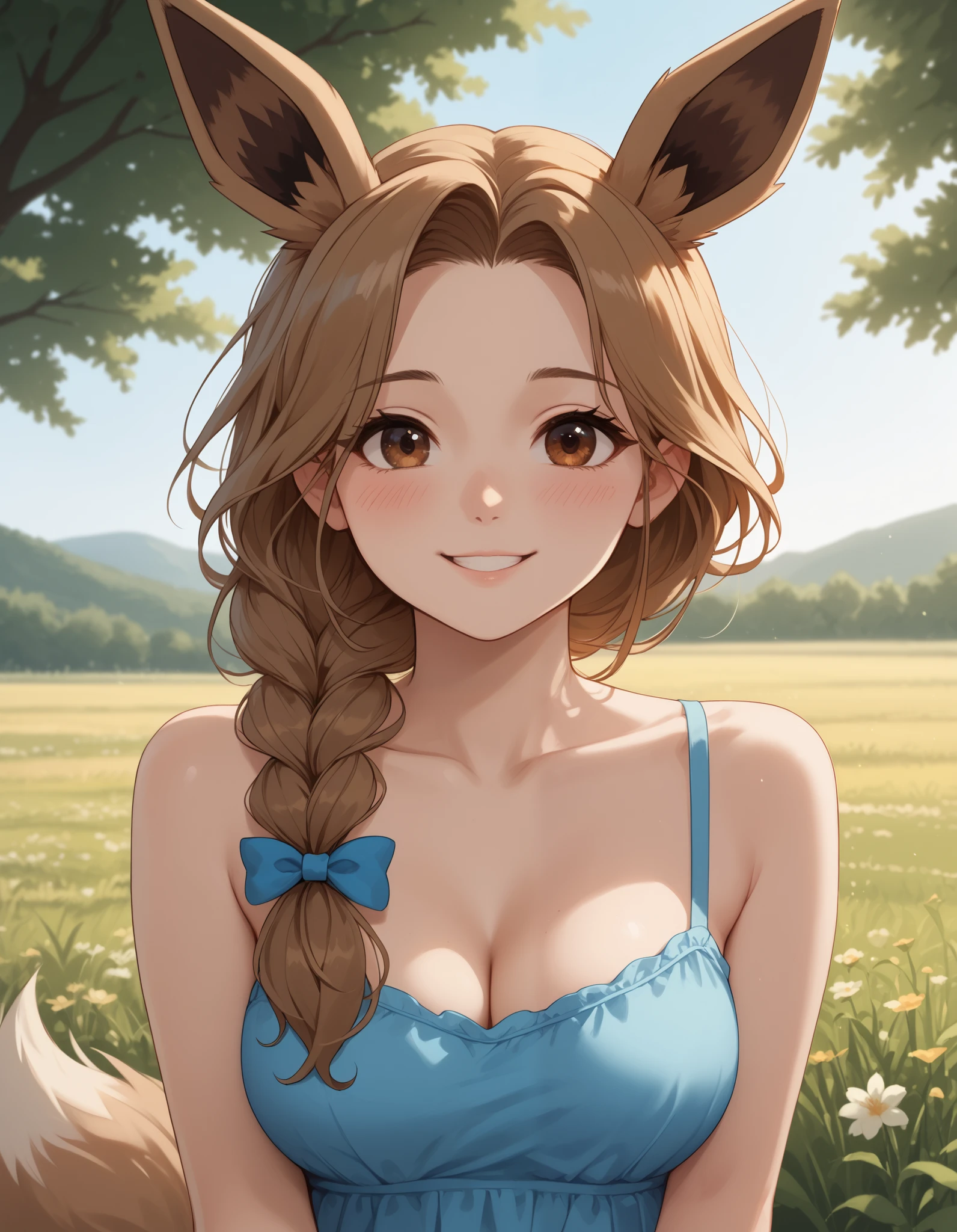 (Masterpiece) (High Detail) (High Res) A very short, cute and petite Human female with pale human skin and brown eyes and long brown braided hair and fluffy brown pointed Eevee ears and a long fluffy brown Eevee tail with a light tip and medium breasts. She looks shy and is blushing and smiling shly. Human with Animal Ears. She is wearing a low cut blue summer dress which shows cleavage with bow behind. She is stood in a field. Countryside. Trees. Crops. Fields. Sunny day. Cinematic Lighting.